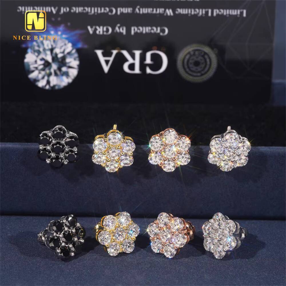 Pass Diamond Tester Cluster Screw Back Ear Studs 12mm Iced Out Hip Hop Jewelry 925 Silver VVS Moissanite Stud Earring for Women