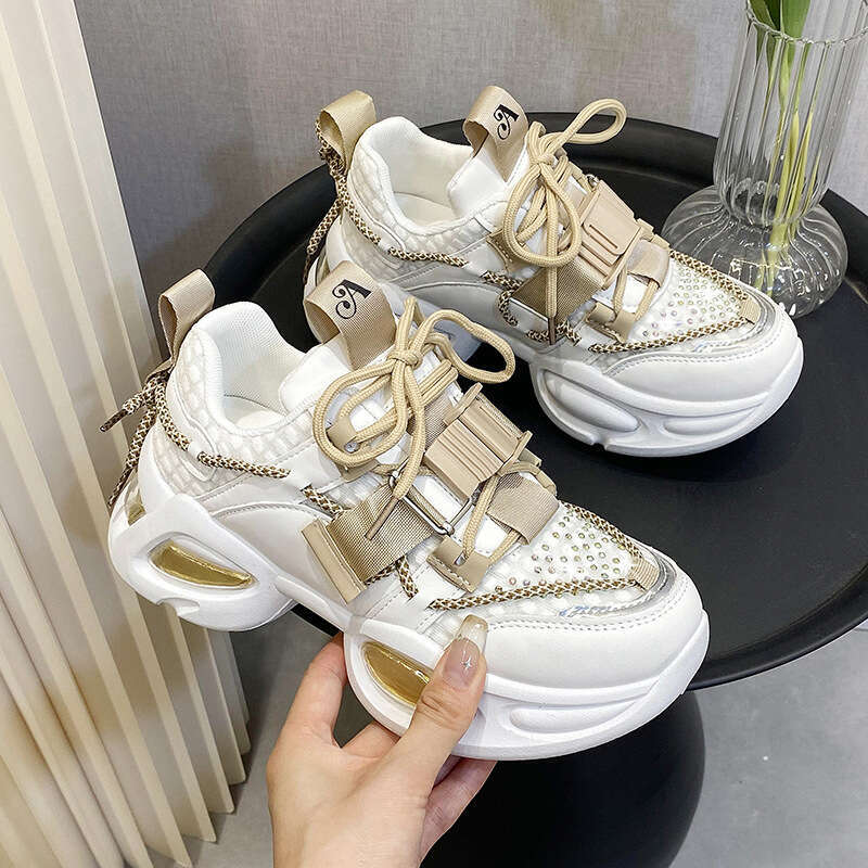 2023 Spring Summer New Style Foot-Shaping Dad Sneakers for Women Thick-Soled Height-Increasing White Casual Sports Shoes