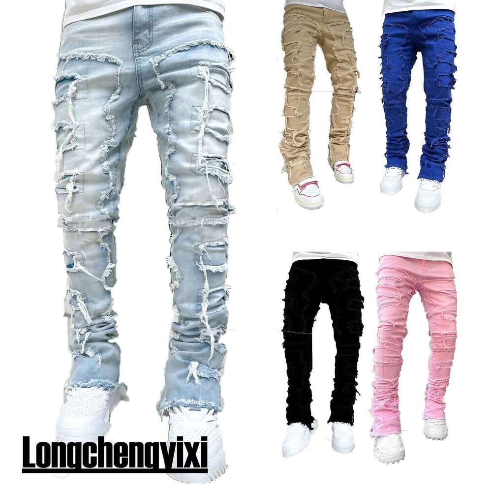 Men's Regular Stacked Jeans Ripped Slim Fit Patch Distressed Destroyed Straight Denim Pants Hip Hop Streetwear Trouser Cloth