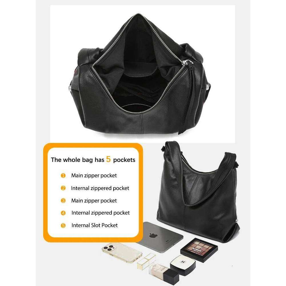 Designer Bags Fashion 100% Genuine Leather Women Shoulder Bag Causal Hobos Roomy Tote Handbag Crossbody Messenger Solid Bags Sac Luxury Bag