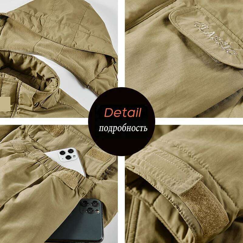 Winter Cargo Warm Fleece Thicken Embroidery Coats Men Autumn Outwear Detachable Hat Outfits Jackets Male
