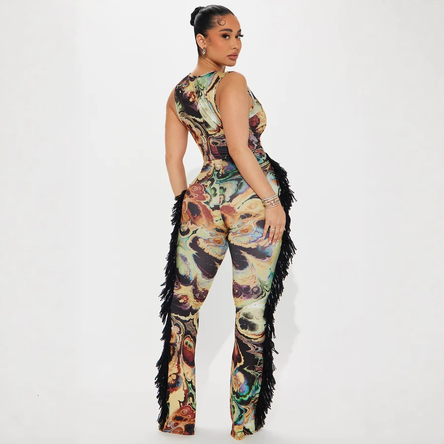 D9781 Womens Fashion Sexy Strap Colorful Random Print Tassel Trim Jumpsuit