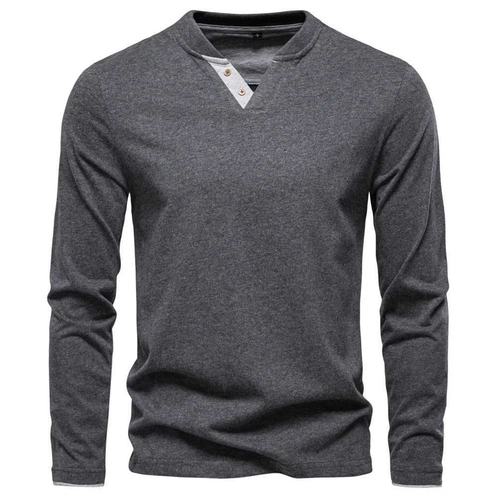 2025 Autumn Mens T-shirt 100% Cotton Henley T Shirt Men Casual Solid Color Long Sleeve Comfortable Fashion T-shirts for Men Y250819
