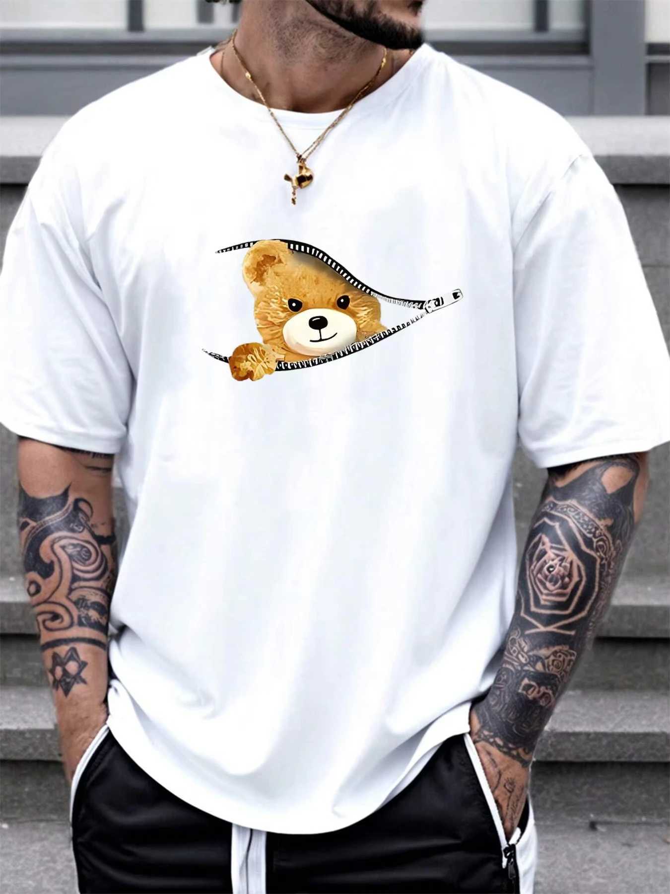 100% Cotton mens T-shirt Summer Loose Fitting Casual Tops Stylish Bear Pattern Print Comfortable Round Neck Short Sleeved Y250819