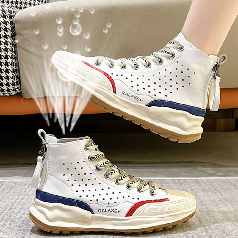 2025 New Genuine Leather High-Top for Women Summer Fashion Hole Ins Versatile Breathable Casual Women's Shoes