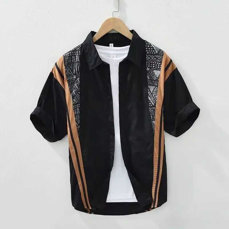 New Fashion Niche Geometric Pattern Color Block Short-sleeved Shirt Mens Loose and Simple Mens Top Casual Shirt Trendy Y250819