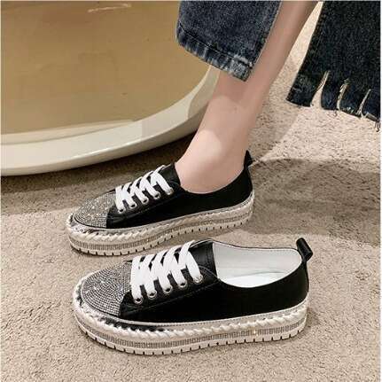 Plus Size White for Women Classic Old Style Diamond-Studded Platform Thick-Soled Loafers Sequin Trim Fashionable Women's Sneakers