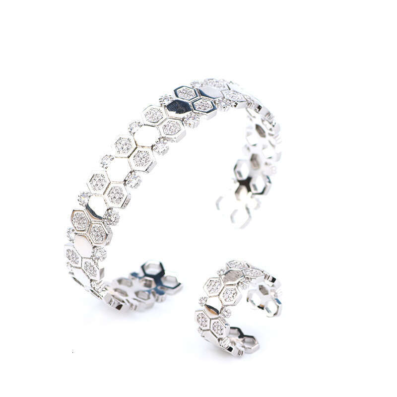 Exaggerated Geometric Jewelry Simple Micro Pave Zircon Honeycomb Hexagon Bracelet Ring Set Direct Sale
