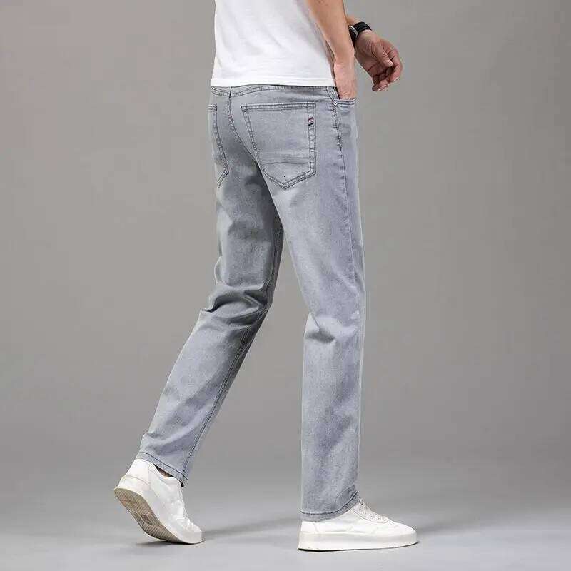 Summer Elastic Men's Jeans Fashion Gray Comfortable Business Straight Stretch Cotton Casual Denim Pants Brand Male Thin Trousers
