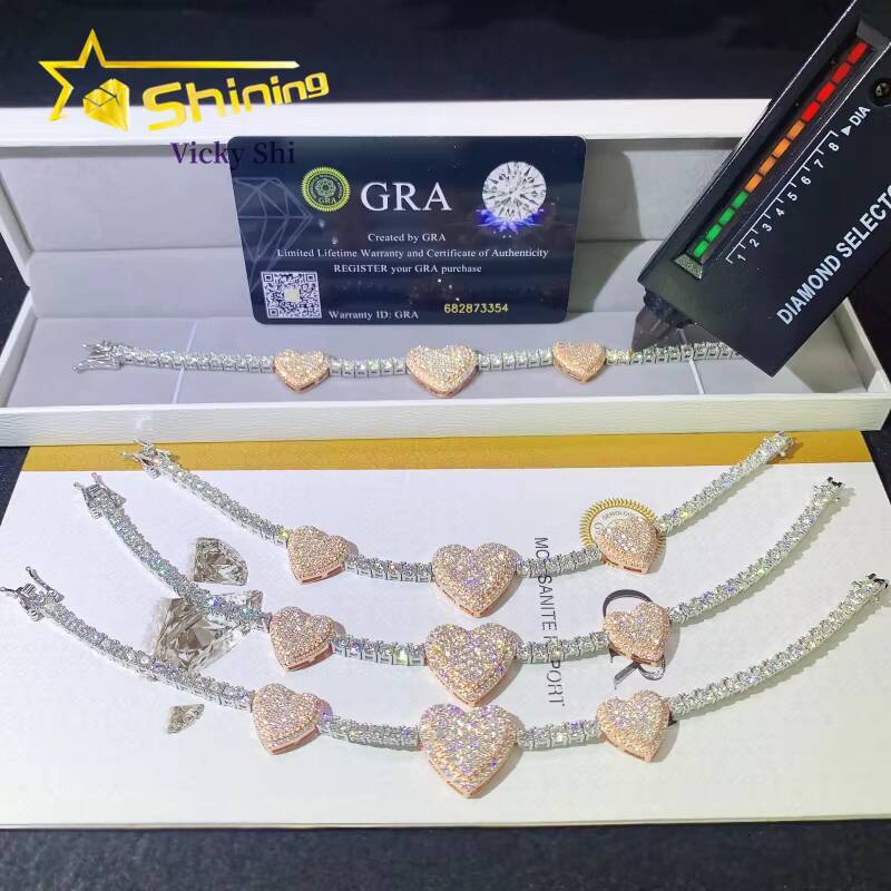 Worldwide Shipping 925 Silver Two Tone Three Heart Moissanite Tennis Bracelet Custom Men Women Hip Hop Moissanite Bracelets