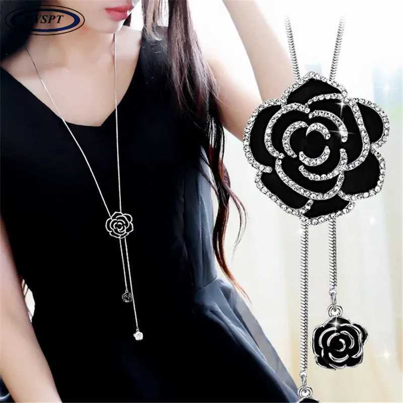 Fashion Black Rose Flower Long Necklace Sweater Chain Metal Crystal Pendant Necklaces Adjustable G250820 Z250910