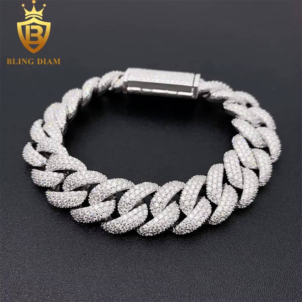 3 Row Iced Out Hip Hop 15mm Cuban Link Chain Bracelet Necklace 925 Sterling Silver VVS Moissanite Pass Diamond Tester
