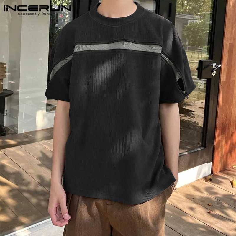 Summer Short SLeeve Men T-Shirts Casual Tops Tee Mesh Zipper Patchwork T Shirt Streetwear Oversize Tops Mens Clothing Y250819