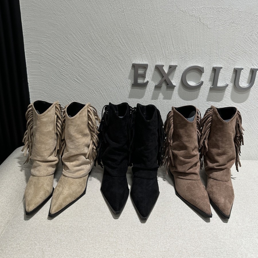 Real leather black grey pointed toe ankle for women 8 cm high heel fringe tassel short boots ladies bota feminina Y200115