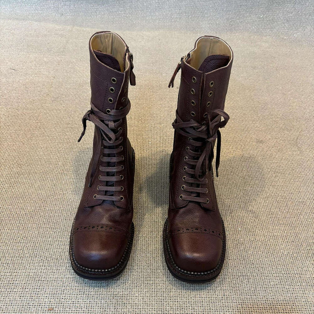 Cowhide Version~ Thick-Soled Martin for Women 2024 New British Style Melad Mid-Calf Brown Short Boots
