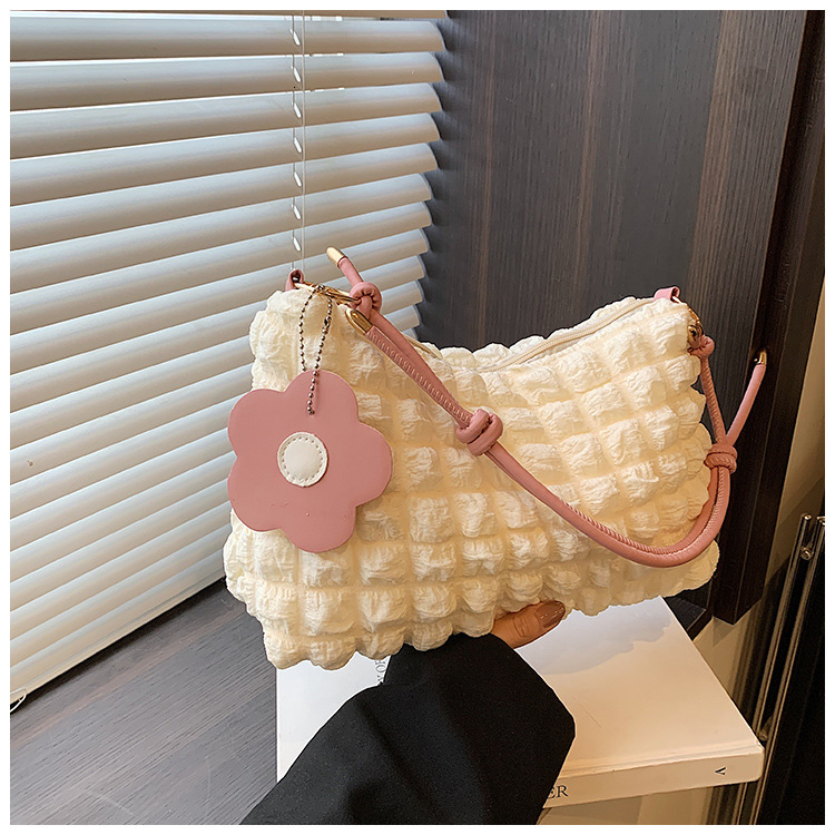 2025 Autumn Bubble Flower Women's Handheld Cylindrical Bag Korean Japanese Style Girl Texture Shoulder Handheld Lunch Bag Shopping Bag Women'