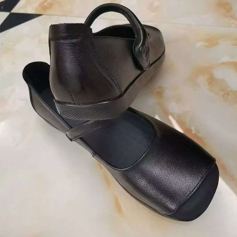 2025 Summer Autumn Flat Color Block Shallow Mouth Square Toe Women's Mom Large Size Middle-aged and Elderly Small Leather Shoes