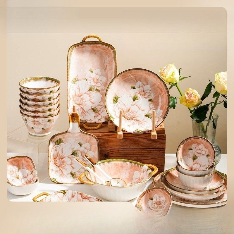 Household Camellia Ceramic Bowl Chopsticks High Aesthetic Underglaze Kitchenware Dining Essentials Outdoor Living Room Tableware