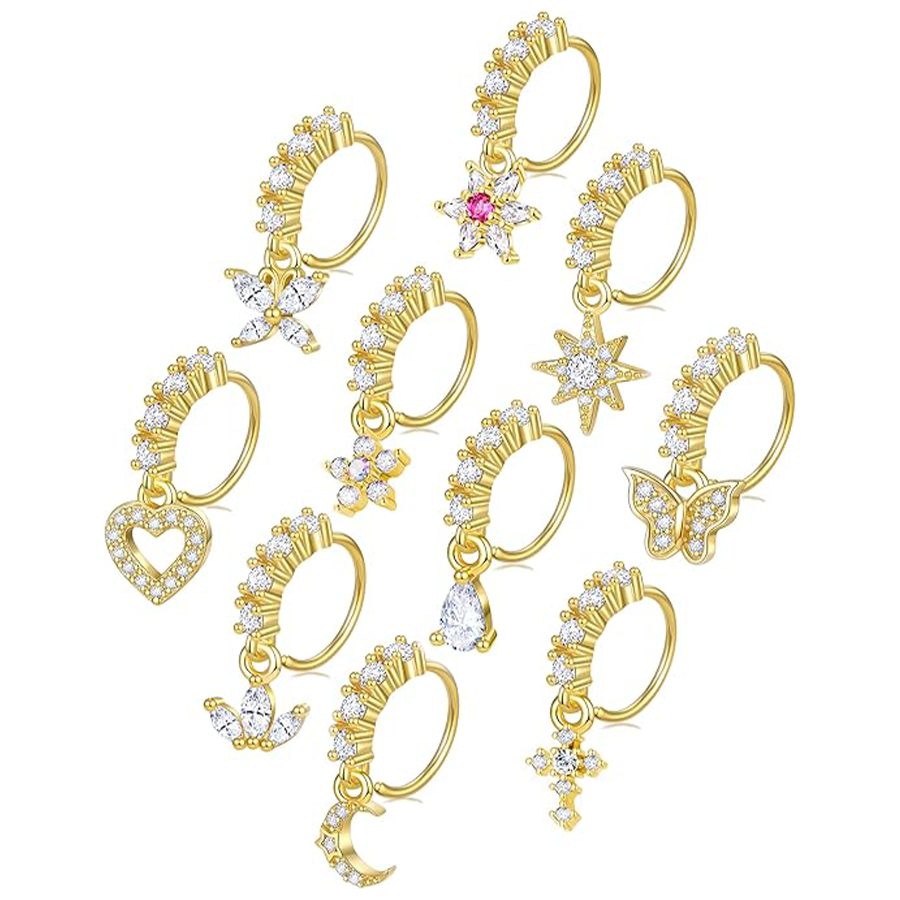 10Pcs Dangle Nose Rings Hoop Butterfly Heart Moon Flower Star CZ Cartilage Earring Dangling Nose Body Piercing Jewelry 20G Gold Tone