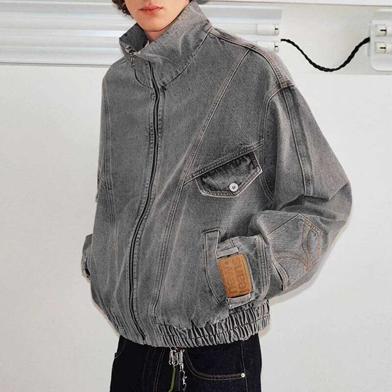 Fashionable Mens Patchwork Jacket Streetwear Vintage Stand Collar Zip-up Denim Jackets For Men Spring Casual Jean Outerwear