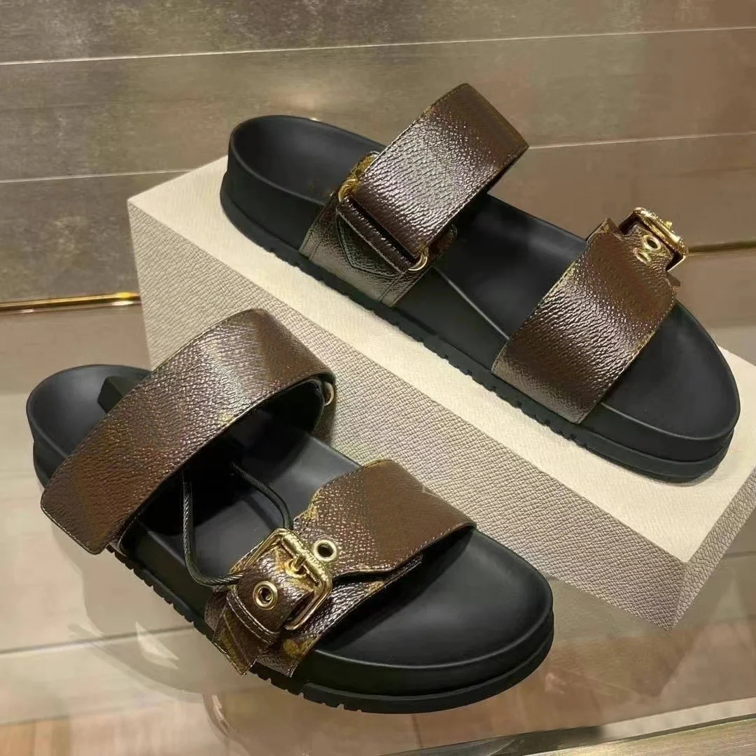 Luxury sliders womens designer slides platform slippers bom dia flat comfort mule genuine leather women sandals buckle flip flops summer beach shoes