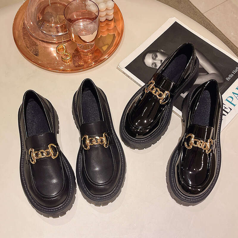35-42 Large Size Fashion Chunky Heel Metal Designer Buckle Women's Loafers Solid Color British Style Round Toe Single Shoes