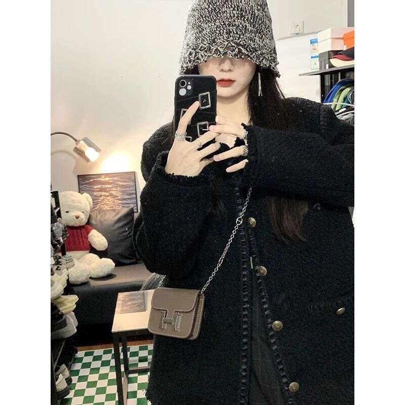 Black small fragrant style jacket for women's autumn and winter new Korean version niche design temperament top