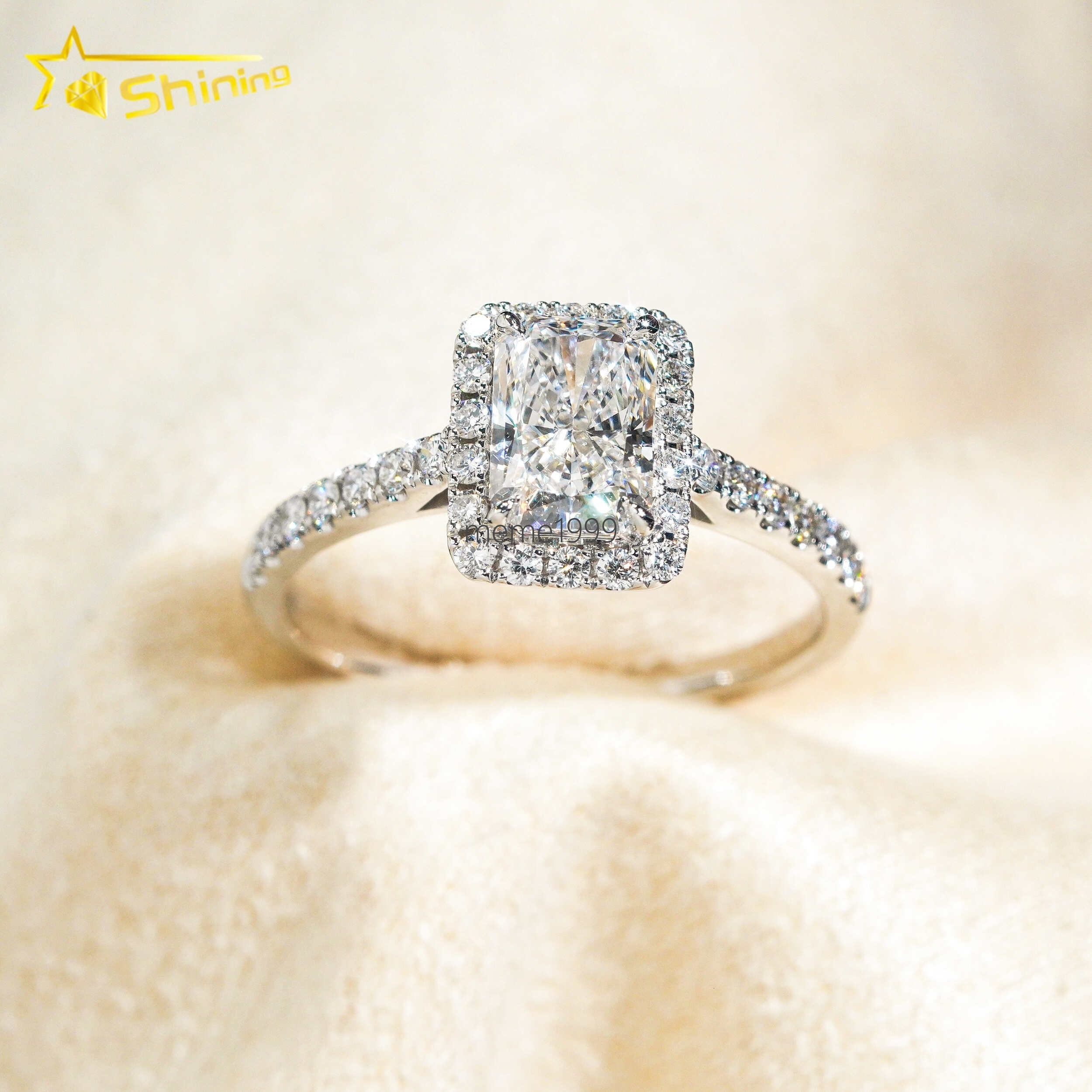 Emerald Cut Halo Half Iced Band 1ct VVS2 Lab Grown Diamond CVD Engagement Ring 18K Solid Gold Wedding Rings