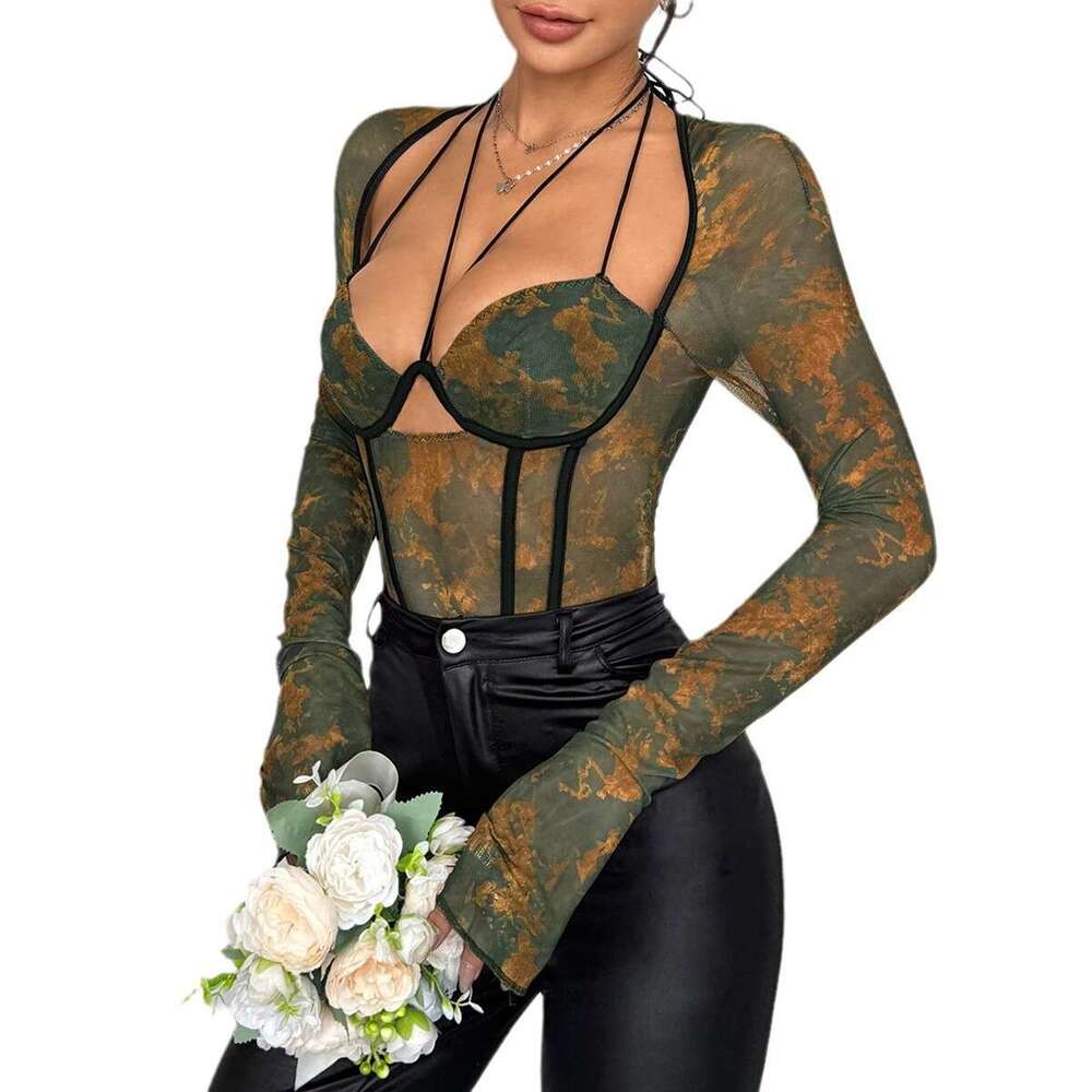 Autumn New Arrival Atmosphere Print Gradient Mesh Underwire Fishbone Flare Sleeve Waist-Cinching Halter Neck Jumpsuit