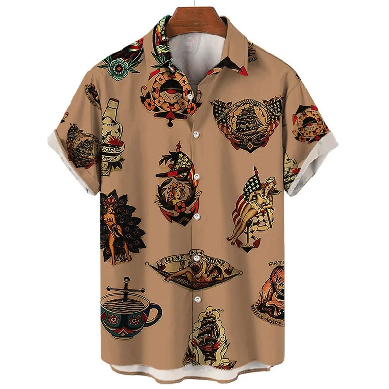 3D retro digital printed mens lapel short sleeved shirt 250808