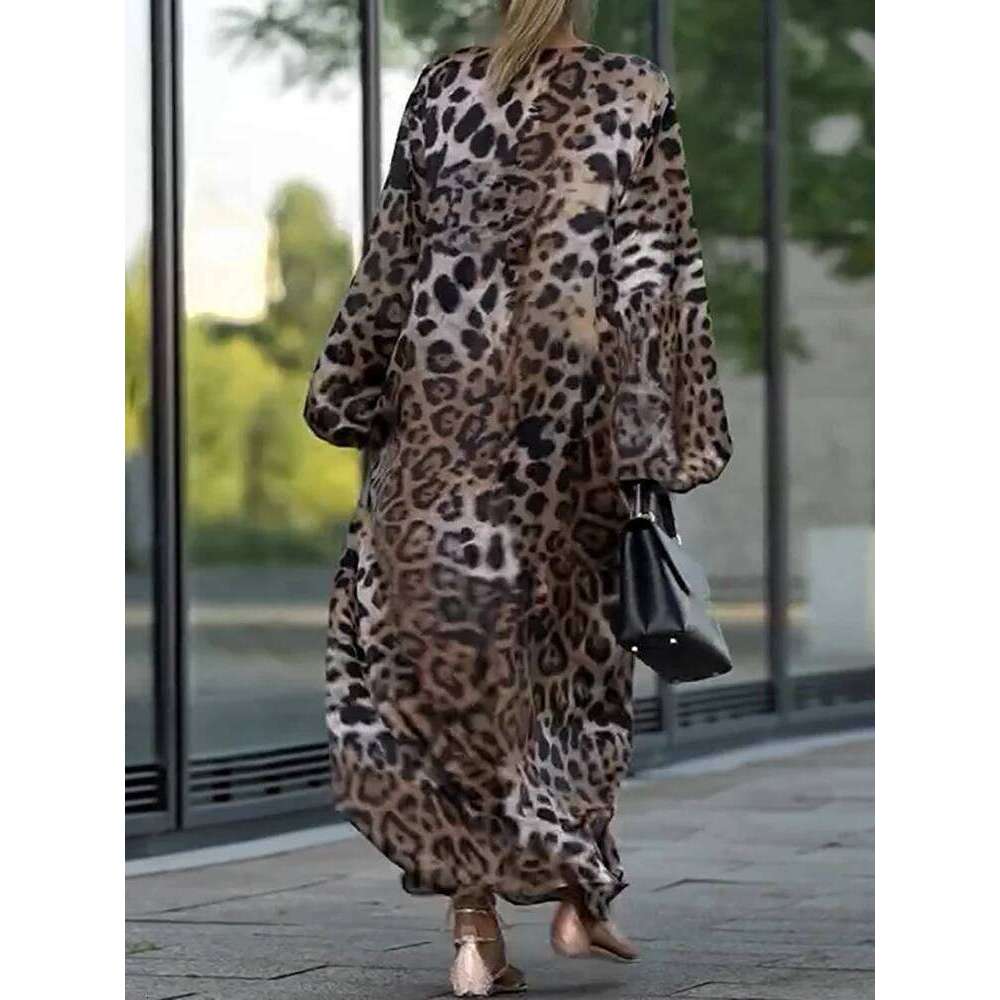 Leopard Patchwork Simple Fashion Party Women Spring Autumn Lantern Sleeve Maxi Dress, Elegant Print V Neck Ladies Dress
