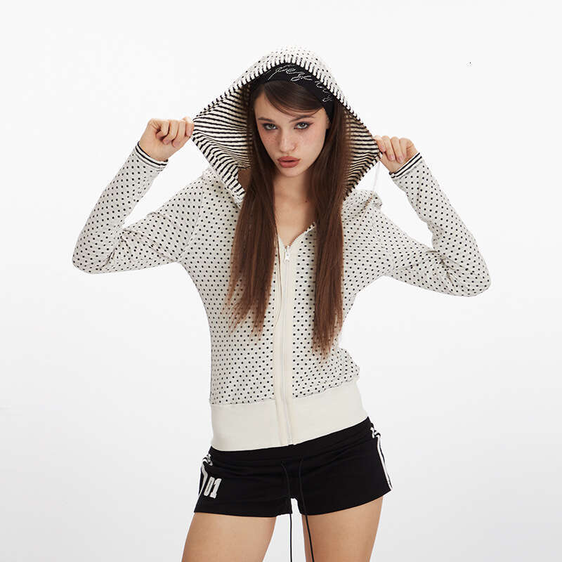 Heyhenry Striped And Spotted Reversible Design Hooded Cardigan Sweatshirt For Women Long Sleeve Short Style Ins B5