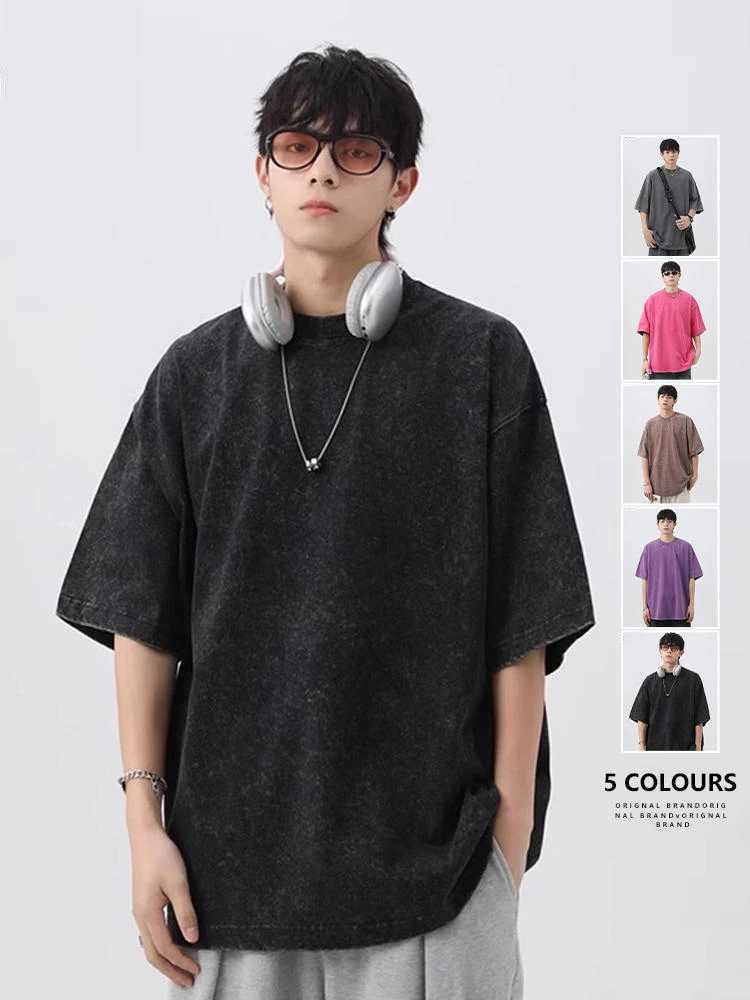 Japanese Korean Style Stir Fried Snowflake Washed T-Shirts Men Women Cotton Heavyweight Summer Hip Hop Streetwears Short Sleeved Y250819