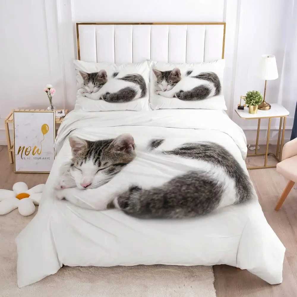 Cat Duvet Cover Set Cat Lover Gifts Bedding Set Microfiber Cute Kitten Pattern Animal Theme Double Queen King Size Quilt Cover Y250819