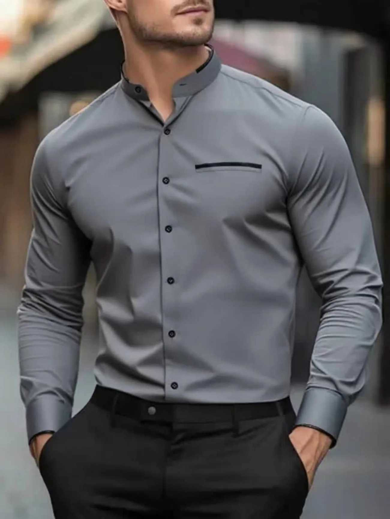 New mens long-sleeved shirt - solid color shirt - fashionable high-quality mens top - blue white pink green red - business Y250819