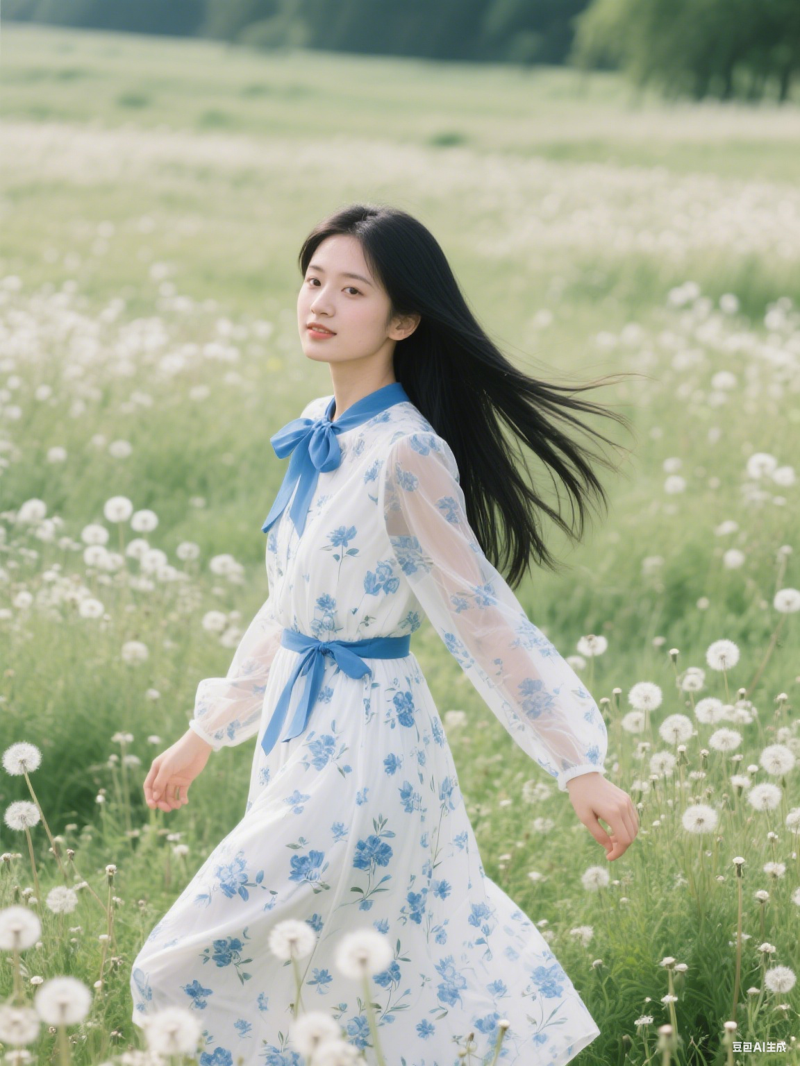 B82025New French First Love Gentle Style Square Neck Mesh Long Sleeve Waisted Slimming Floral Dress