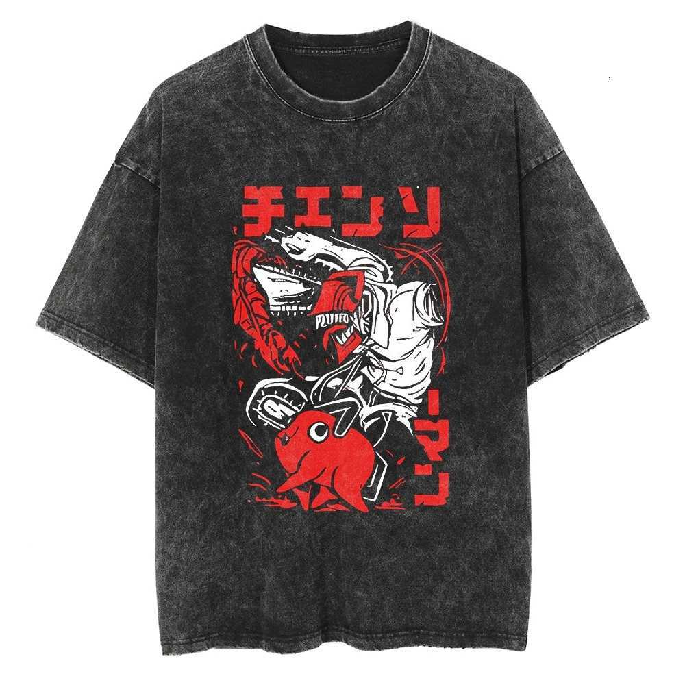 Unisex Oversized T-Shirt 2025 Chainsaw Man Japanese Manga Short-Sleeved Tees Retro Washed Cotton Heavy Summer Tops for Men Women Y250819