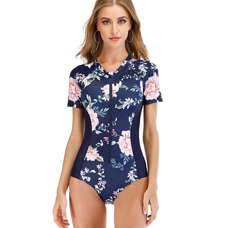 Women White Diving Short Sleeve Zipper Rashguard One-Piece Swimsuit Swimwear Surfing Top Rash Guard Sport Wear S-2Xl Upf50+