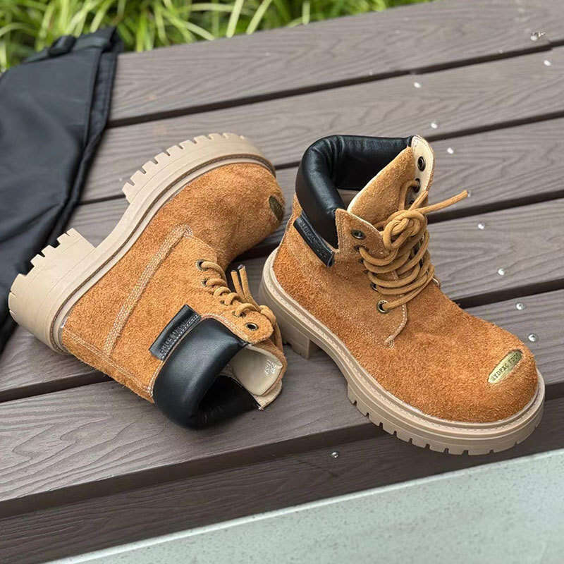 British Style Chunky Mid-Cut Martin Outdoor Casual Leather Shoes Unisex Work Boots Couple Thick Sole Height Increasing