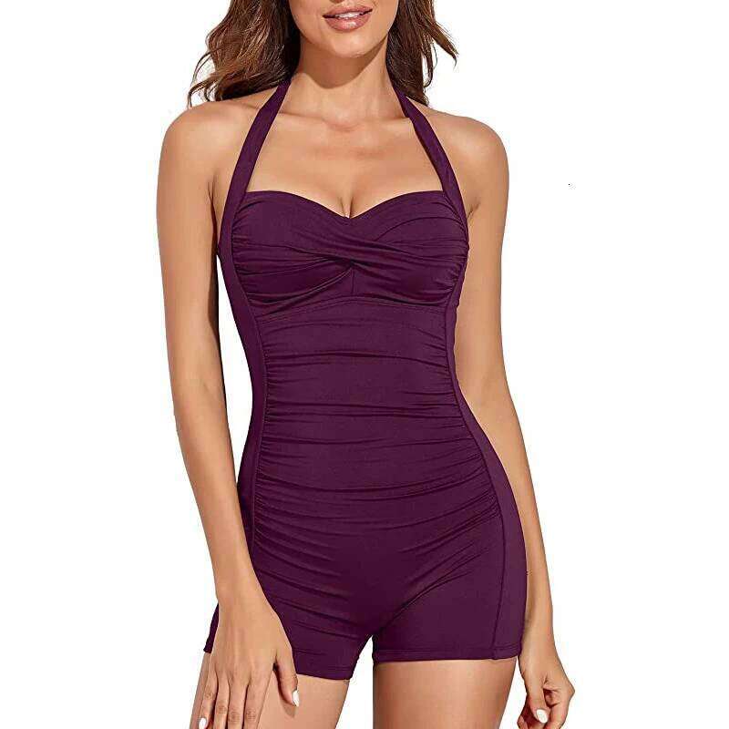 Halter Women's One Piece Tummy Control Swimwear 2024 New Push Up Boyleg Ruched Swimsuit Solid Retro Beachwear Bathing Suit XXL