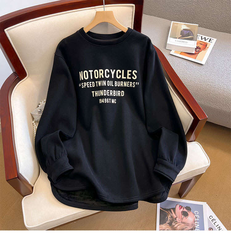 Brushed Fleece Sweatshirt for Women, Autumn and Winter New Mid-Length Style, Paired Shark Pants, Top with German Velvet Long Sleeve T-Shirt, Base Shir