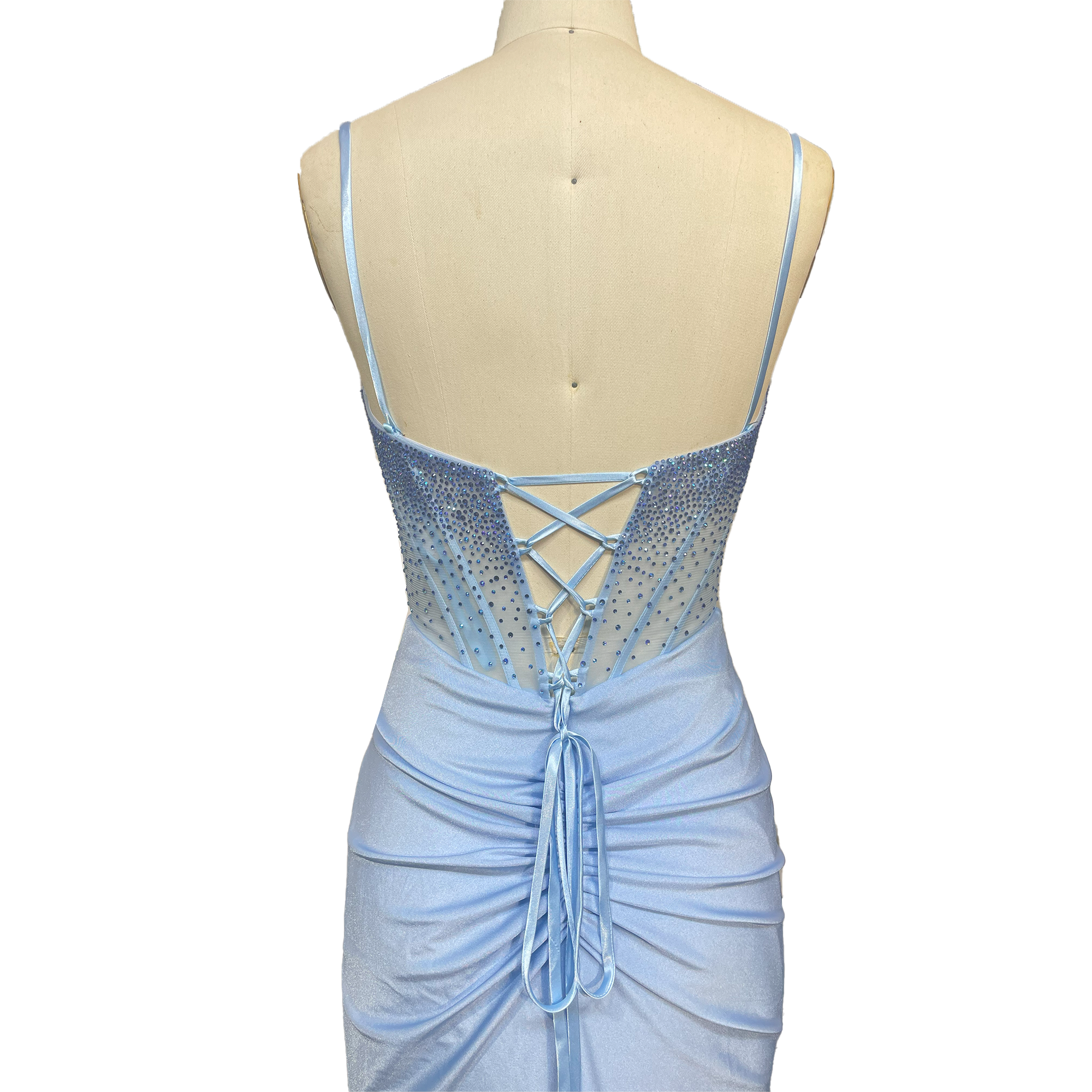 Light Blue Sequin-Embellished Spaghetti Strap Mermaid Evening Gown with High Slit