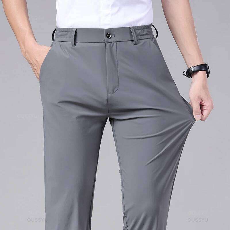 Spring Summer Men's Casual Pants Business Stretch Slim Fit Elastic Waist Jogger Korean Classic Thin Black Gray Trousers Male
