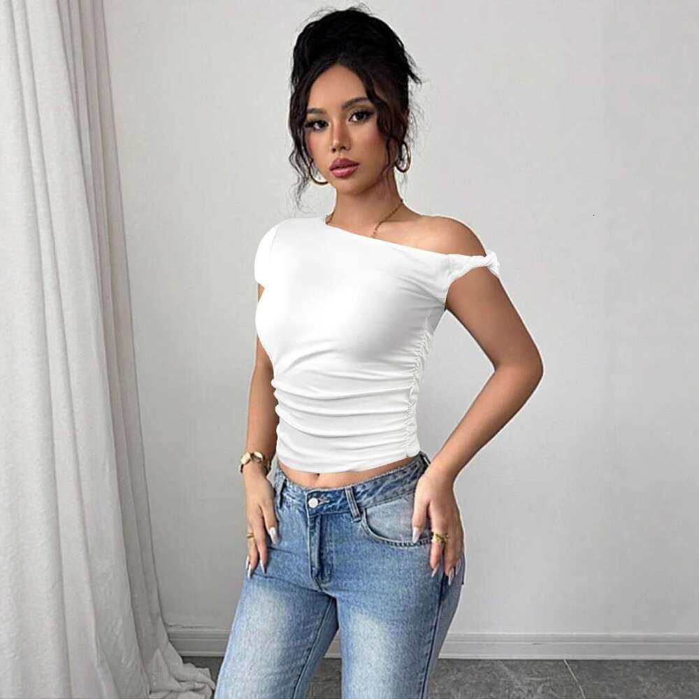 Summer New Style Asymmetrical Neck Sexy Sale Slimming Ruched Crop Top Hot Girl Women's Clothing