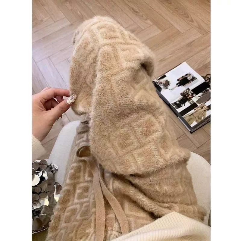 Designer fashionable knitted fleece warm letter multi-color pants for women's autumn and winter loose straight-leg casual wide-leg pants