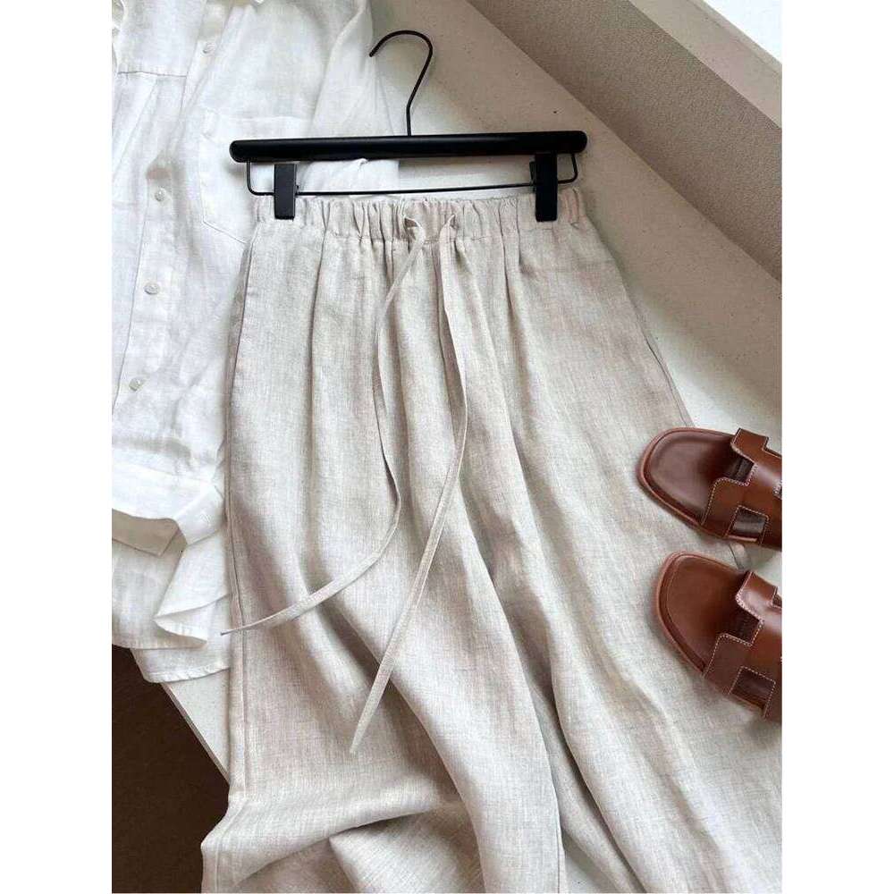 High Waist Linen Women Wide Leg Summer Thin Loose Casual Pants Haruku Korean Solid All Match Straight Trousers