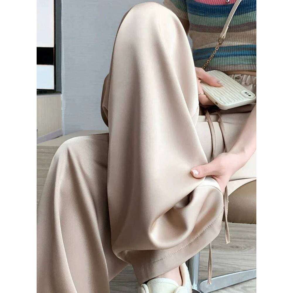 Women's Wide Leg Summer Ice Silk Straight Trousers High Waist Ladies Casual Loose Satin Soft Full-length Pants for Women