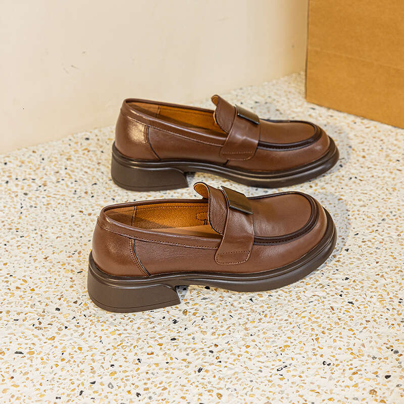 Top Layer Cowhide 2025 Summer Autumn New Genuine Leather Versatile Thick Sole Height Increasing British Style Chunky Heel Loafers Women's Single 