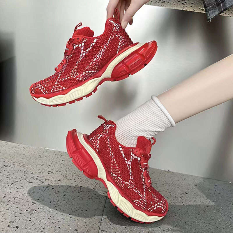 2025 Summer New Fashion Show Style Fishnet Rhinestone Couple Dad Shoes Genuine Leather Color Block Casual Sneakers for Women