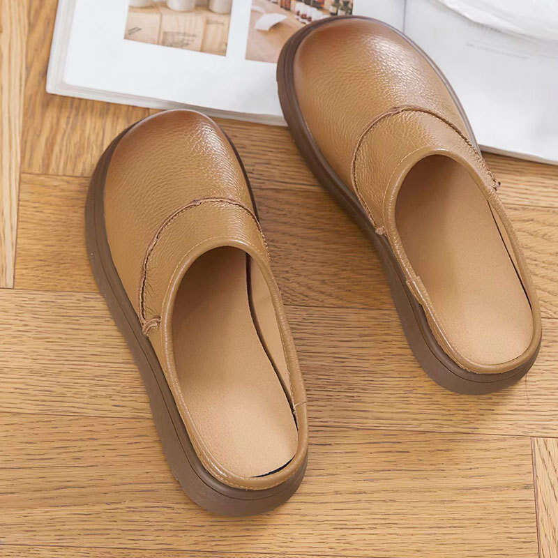 Cowhide Closed-Toe Soft Sole Half Slippers Women 2025 Summer New Versatile Genuine Leather Flat Sandals for Outdoor Wear